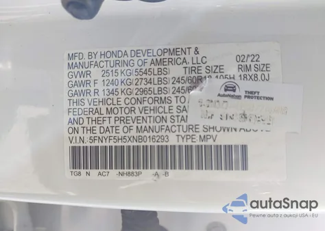 2022 Honda Pilot 2Wd Ex-L from USA, damaged, VIN 5FNYF5H5XNB016293